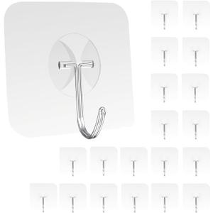 Heavy Duty Adhesive Wall Hooks - Strong & Transparent, Hold up to 22lb, Waterproof & Reusable, Ideal for Kitchen, Bathroom, and Office (20 Pack)