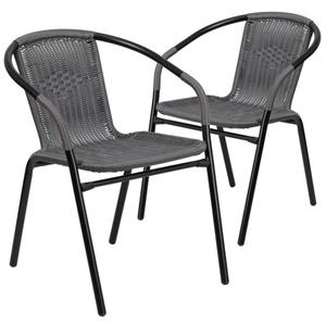 Stackable Rattan Dining Arm Chair Set, 28.5" H x 21.75" W x 23.5" D, Gray Finish, Curved Back, Black Steel Frame, Modern Indoor/Outdoor Seating for Patio, Restaurant, Café or Kitchen