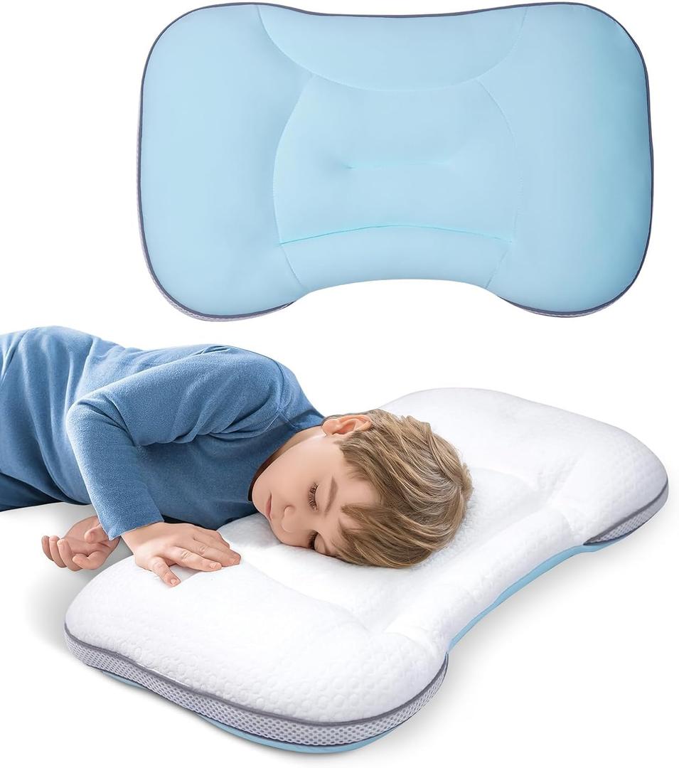 Neck Support Toddler Pillow 12x20 Inch, Dual-Sided Cooling & Soft Pillow, Breathable Ice Silk and Cotton Blend, 2 Height Ergonomic Design, Machine Washable (Blue)