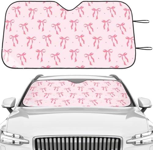 BBTO Pink Bow Car Windshield Sun Shade Cute Cars Visor Front Windshield Sun Protector to Keep Cooler Vehicle Automotive Sunshade Interior Heat and UV Protection 55 x 27.6 Inch