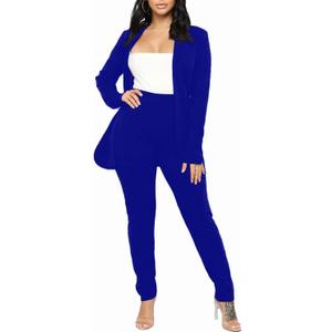 Aro Lora Women's 2 Piece Outfit Casual Solid Open Front Blazer and Pencil Pant Suits Set (Blue, L)