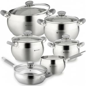 4 x Daniks Modern 11-Piece Stainless Steel Cookware Set with Glass Lids, Includes Saucepan and Frying Pan with Lid, Tri-Ply Bases for Even Heating, Induction Compatible, Dishwasher Safe, Heatproof Handles