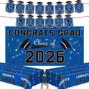 2 x Graduation Decorations 2026 2027 - Blue Congrats Grad Banner Backdrop Tablecloth Set - Graduation Decorations Class of 2026 | Graduation Party Favors Supplies