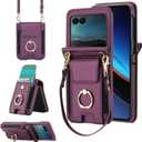 Phone Case for Moto Razr 50/Moto Razr 2024 Wallet Cover with Ring and Crossbody Wrist Strap Lanyard Credit Card Holder Slot Stand Cell Leather Purse INE-LX1 Razor Razer Women Men Girls Dark Purple