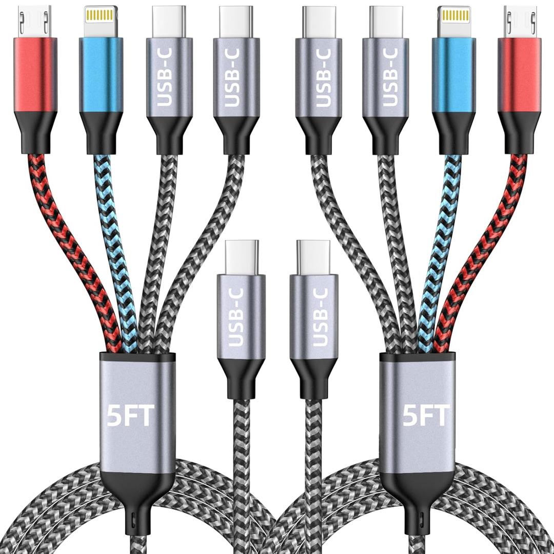 USB C 4 IN 1 Multi Charging Cable, Travel Essentials with Dual Type-C/ Micro/ IP Port, Universal Charging Cable for Multiple Devices Compatible iPhone16-5, Galaxy S25, iPad, Tablet & More (2 Packs, 5FT)