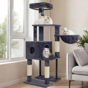 Heybly Cat Tree, 49.2 Inches Cat Tower for Indoor Cats, Spacious Cat House Condo with Hidden SpaceSturdy Steel TubeSoft Plush Top PerchCozy Hammock and Sisal Scratching Posts, Smoky Gray HCT200SG