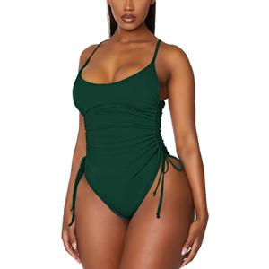 Viottiset Women's Ruched High Cut One Piece Swimsuit Tummy Control Bathing Suit Monokini (Medium, Blackish Dark Green)