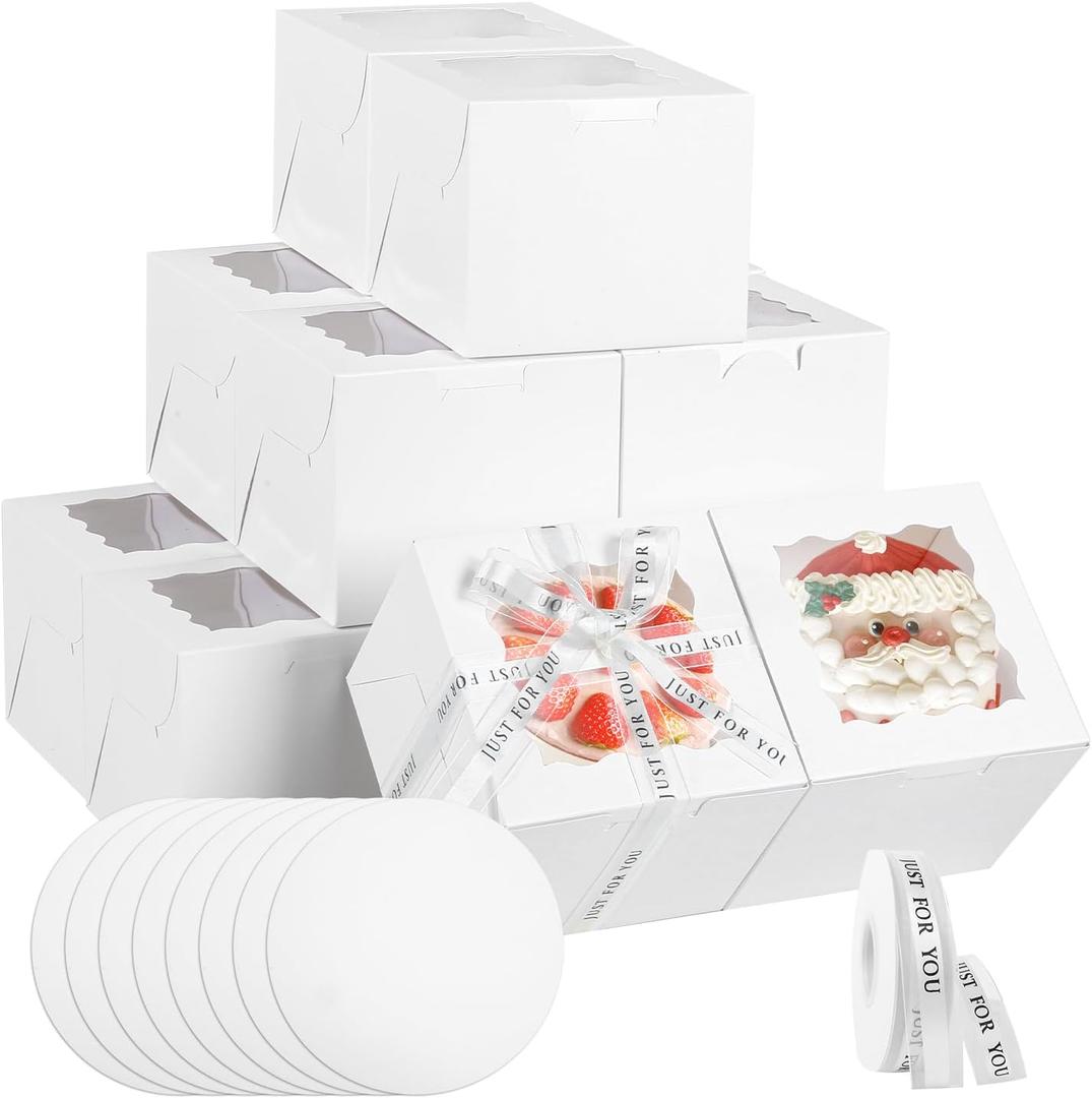 JCD 48pcs Bakery Boxes with Window,6x6x5in Small Bento Cake Box, Mini Cake Boxes sets cake within 6'' (24 Boxes & 24 Boards), Package for Pastries, Cupcakes, Birthday, Wedding(6 * 6 * 5inch/24sets)