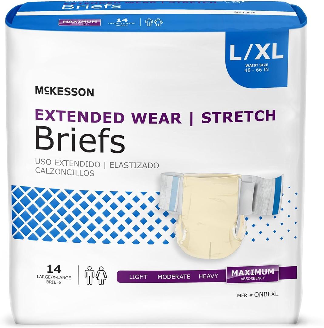 McKesson Extended Wear Stretch Briefs, 14 Count, Size L/XL (4866 in)  Overnight Adult Diapers with Tabs, Maximum Absorbency, Unisex Disposable Incontinence Briefs for Men and Women