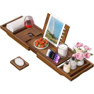 Wooden Bathtub Tray for Luxury Bathroom, Expandable Premium Teak Bath Tray, Adjustable Bath Accessories for Tub, as Unique Housewarming, Holiday, Birthday Gifts