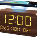 Digital Alarm Clock, with Wooden Electronic LED Time Display, 3 Alarm Settings, 10W Wireless charging, Day of the week, Temperature Detect, Wood Made Digital Clocks for Office, Bedroom, Bedside, Brown