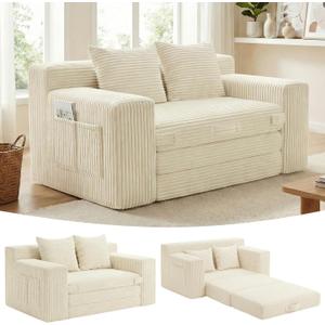 Boneless Couch,Boneless Loveseat Sleeper Sofa Bed – 3-in-1 Convertible Couch Bed with Side Pockets & Handle,Pull Out Corduroy Futon for Small Space,Living Room & Bedroom,2 Pillows Included,No Assembly, 2 Seater Sofa
