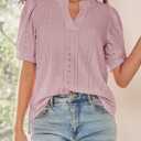 Dokotoo Womens Summer Business Casual Blouses V Neck Short Sleeve Shirts Eyelet Cute Lace Tops (Pink, L)