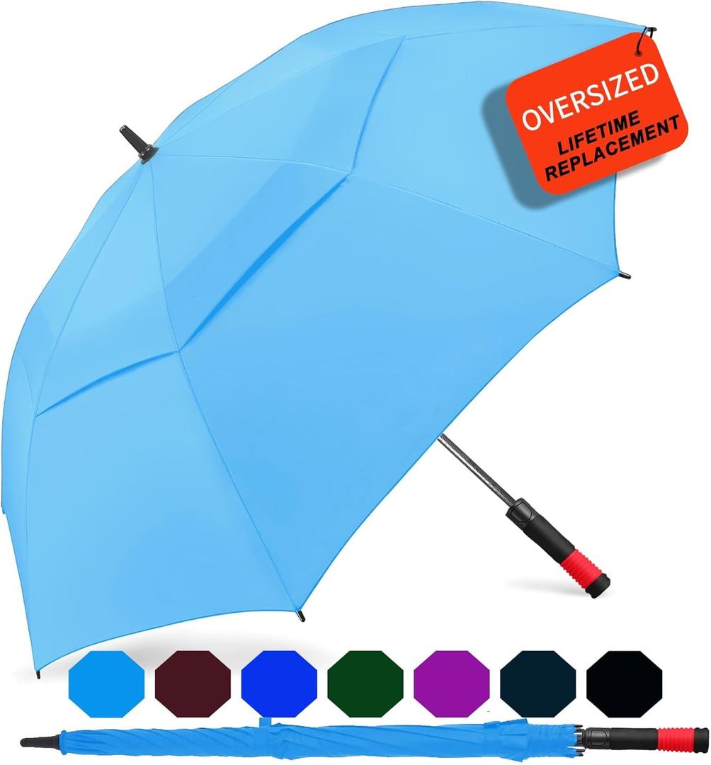 SIEPASA Golf Umbrella Large 62/68/72 Inch Automatic Open Golf Umbrella Extra Large Oversize Double Canopy Vented Umbrella Windproof Waterproof for Men and Women. (Blue-Red Handle)