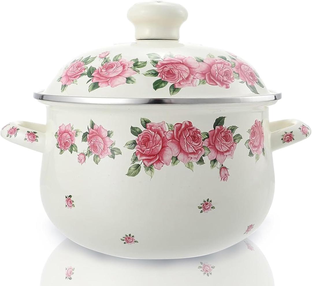 Retro Flower Enamel Stockpot with Lid,Stockpots for Cooking,Vintage Floral Stew Bean Simmer Pot with Handle, Kitchen Soup Pot, Safe for Induction Cookers, Gas Stove (PINK-5QT)