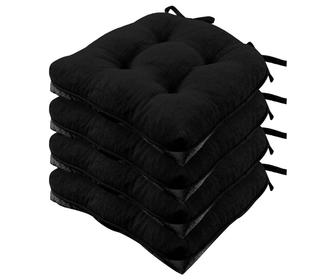 Wellsin Chair Cushions for Dining Chairs, Non-Slip Kitchen Chair Pads with Ties, Tufted Shredded Foam Kitchen Chair Cushions Set of 4, 15.5" X 15.5", Black