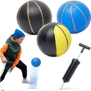 Botabee Mini Basketball - Set of 3 - Toy Basketballs with Manual Pump - Plastic Balls for Toddlers & Kids - Blue with Gold Lines, Black with Gold Lines and Black/Yellow Pattern for Indoor/Outdoor Play