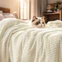 PHF Ultra Soft Flannel Fleece Blanket Queen Size, Lightweight 3D Jacquard Fleece Blanket, No Shedding, No Pilling, Luxury 340GSM Aesthetic Fluffy Cozy for Bed Room Decor, 90"x90", Cream