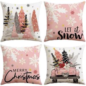 Artscope Christmas Throw Pillow Covers 18x18 Inch Set of 4, Let It Snow Snowflakes Truck Winter Christmas Decoration Pillow Cases for Home Sofa Couch Decor-Pink