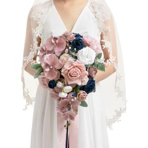 Ling's moment Pink Blue Bridal Bouquet Cascading, Dusty Rose Navy Wedding Bouquets for Bride, 13 Inch Bride Artificial Flowers Bouquets