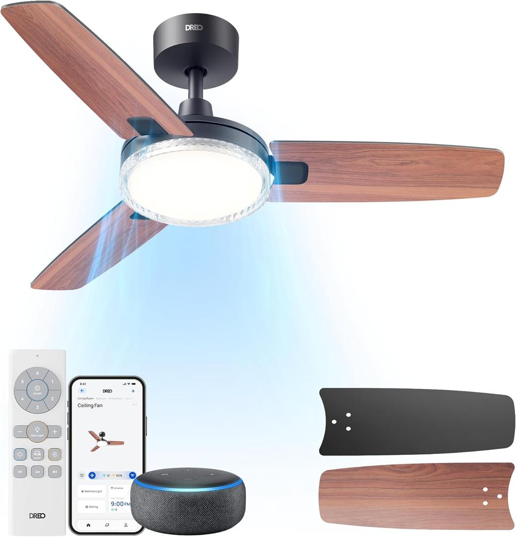 Dreo Smart Ceiling Fans with Lights, 42 Inch Black Ceiling Fan, 12 Speeds & 3 Fan Modes, Stepless Color Tones, Dimmable LED Light, 1-12H Timer, Quiet DC Motor, Remote/APP/Alexa/Wall Switch Control