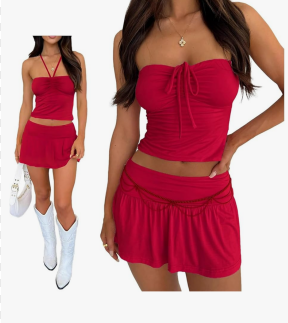 Women Sexy Summer 2 Piece Sets Drawstring Ruched Crop Tube Top Low Rise Ruffle Mini Skirts Sets Y2k Outfits, Size -Medium