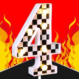 Maxcheck Racing Car Light up Numbers Black and White Checkerboard Print Decorative LED Light Number Sign Race Car Theme Birthday Party Decorations Checkered Flag Party Supplies(Number 4)