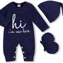 GRNSHTS Newborn Baby Boy Romper Coming Home Outfits Letter Print Bodysuit Jumpsuit+Hat+Gloves 3PCS Clothes Set (A-navy Blue)