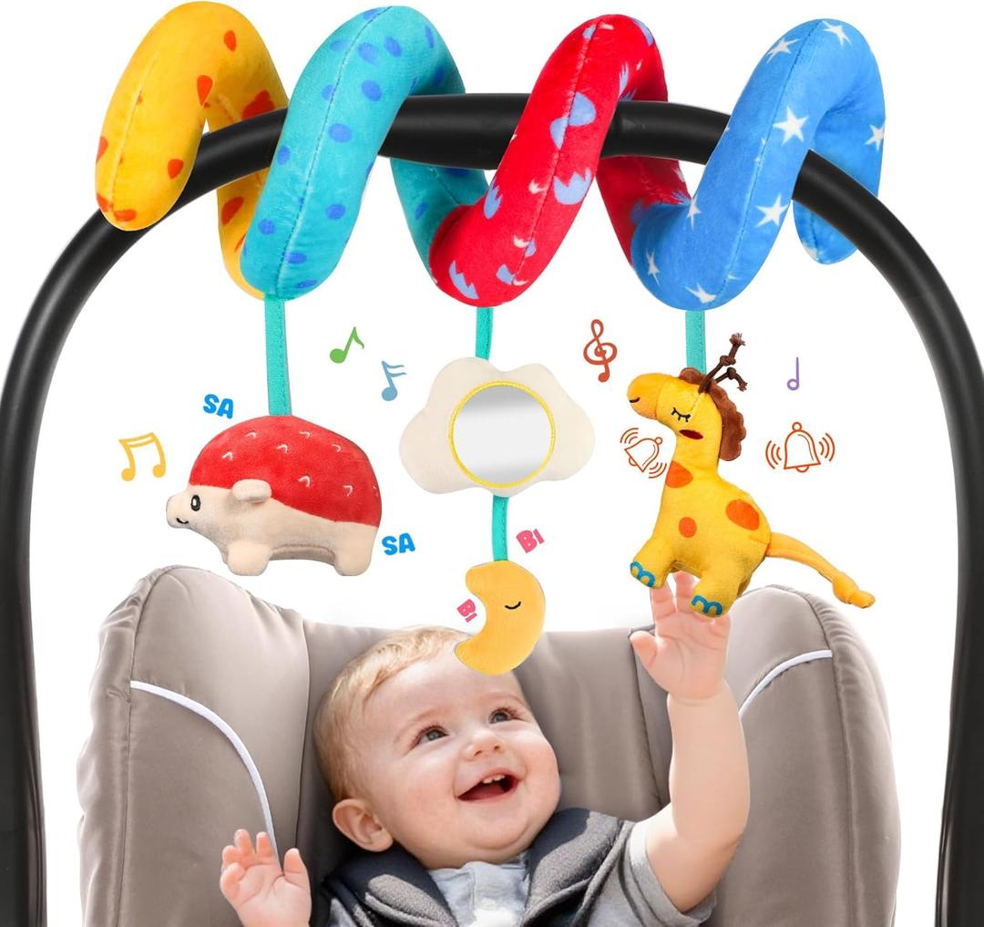 URMYWO Spiral Car Seat Toys for Babies 0-6 Months, Newborn Toys & Infant Toys, 3 Month Baby Toys, Toddler Travel Toys, Sensory Hanging Stroller Toy with Crinkle Mirror, Shower Gifts Essentials, Small
