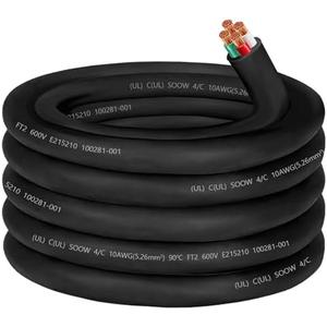 10/4 10AWG SOOW Portable Power Cable,600V 10 Gauge SOOW Electrical Cable-4 Conductor Extension Cord for Welder Machine,Generator,Portable Light,EV Car Charger,Motor Lead, Industrial Outdoor