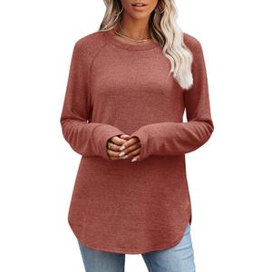 OFEEFAN Long Sleeve Shirts for Women Loose Fit Tunic Tops dressy casual Crew Neck Pullover Sweaters fall Outfits Clothes 2025 (XX-Large, Caramel)