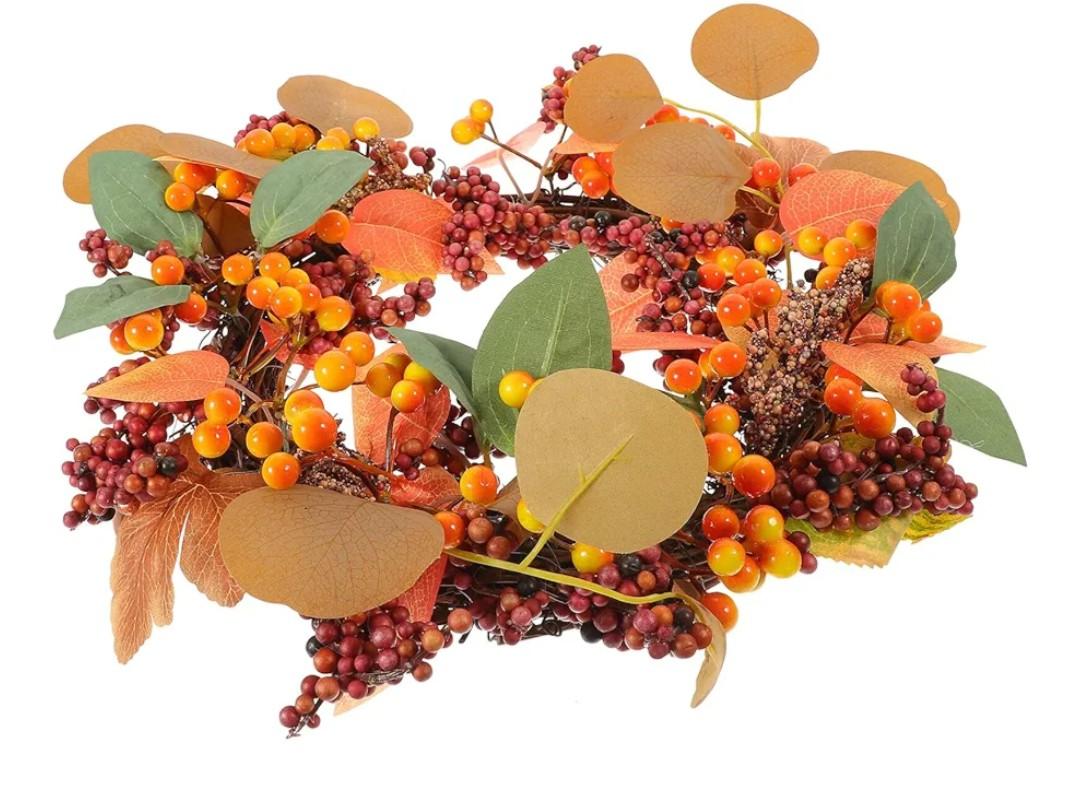 GLEAVI Artificial Thanksgiving Harvest Wreath with Red Berry Garland, 35x35cm Fall Door Hanging Decoration for Home and Party Festival Accents