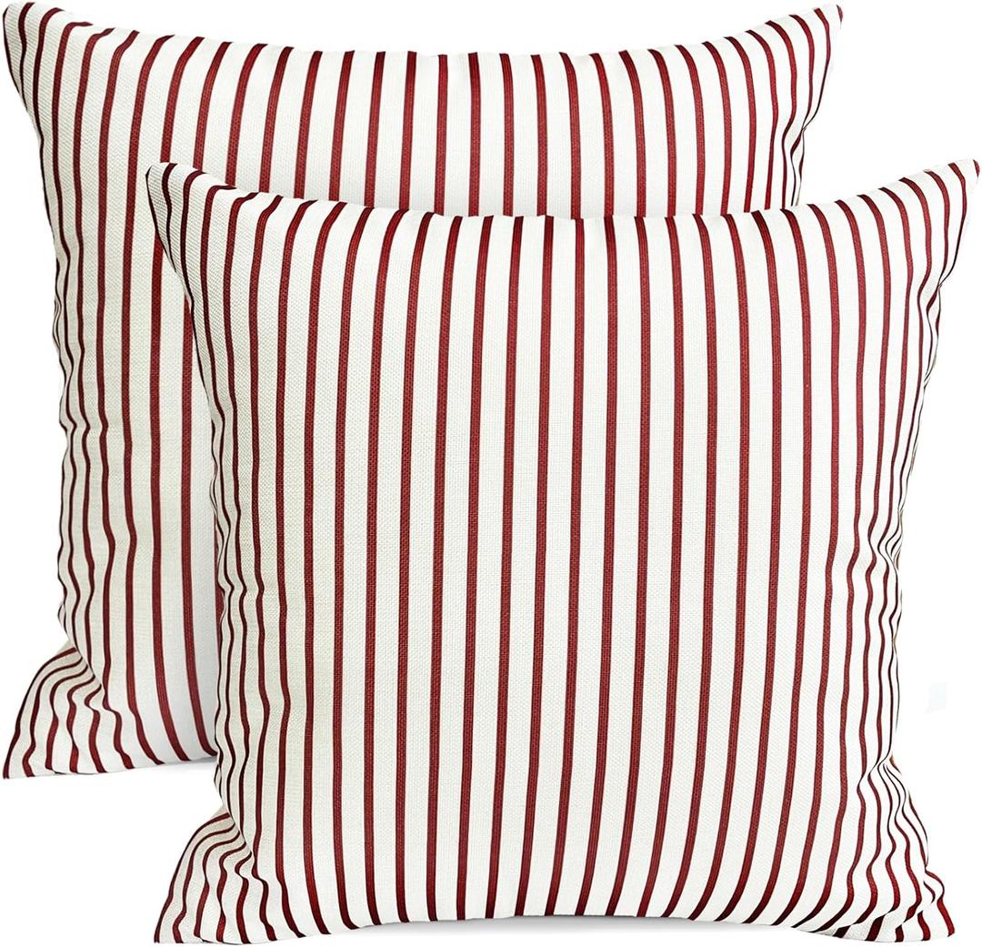 RYSMIYOU Decorative Throw Pillow Covers Set of 2 Red Striped Pillow Covers 18x18 Inch Throw Pillow Cover Linen Pillowcase Modern Farmhouse Outdoor Pillow Covers for Couch Sofa Living Room