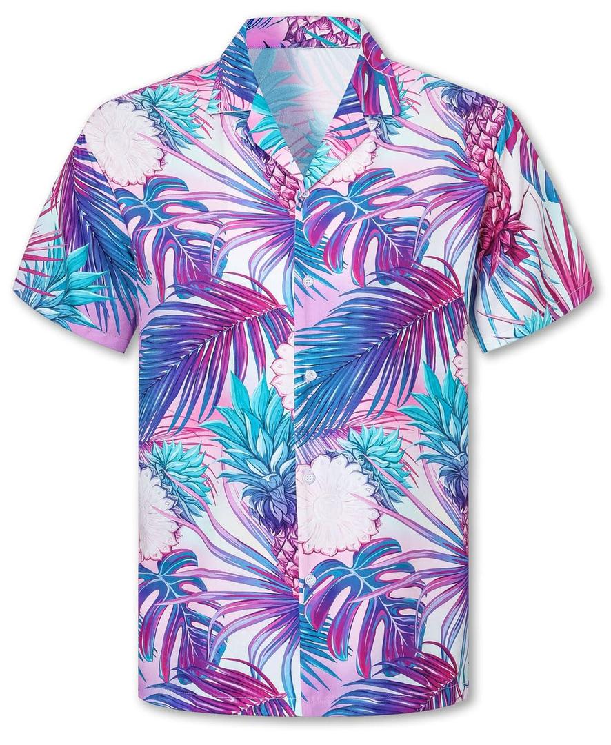 Cromoncent Boys' Funky Cuban Collar Shirt, Breathable Button-Up Summer Beach Shirt for Vacation,Neon Purple,8-9Y