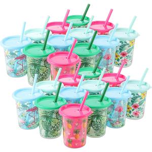 Nuanchu 24 Pcs Hawaii Cups with Straws and Lids 10 oz Tropical Plastic Reusable Cups Palm Leaves Flamingo Pineapple Hibiscus for Summer Party Gift