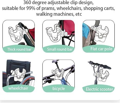 Stroller Cup Holder 2 in 1 Phone & Bottle Holder with Anti-slip Pad Universal Cup Holder Rack for Buggy with Adjustable Clamp