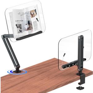 Desk Clamp Acrylic Book Stand for Reading, Ergonomic Design Adjustable Height up to 20 inches with Rotating Bases Cookbook Stand, Suitable for Recipe, Sheet Music, Tablet(Gray)