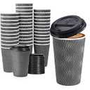 Lamosi 50 Pack - 16 oz Insulated Disposable Coffee Cups with Lids, To Go Paper Corrugated Ripple Wall Cup for Hot Drink Office Bar (Grey) 