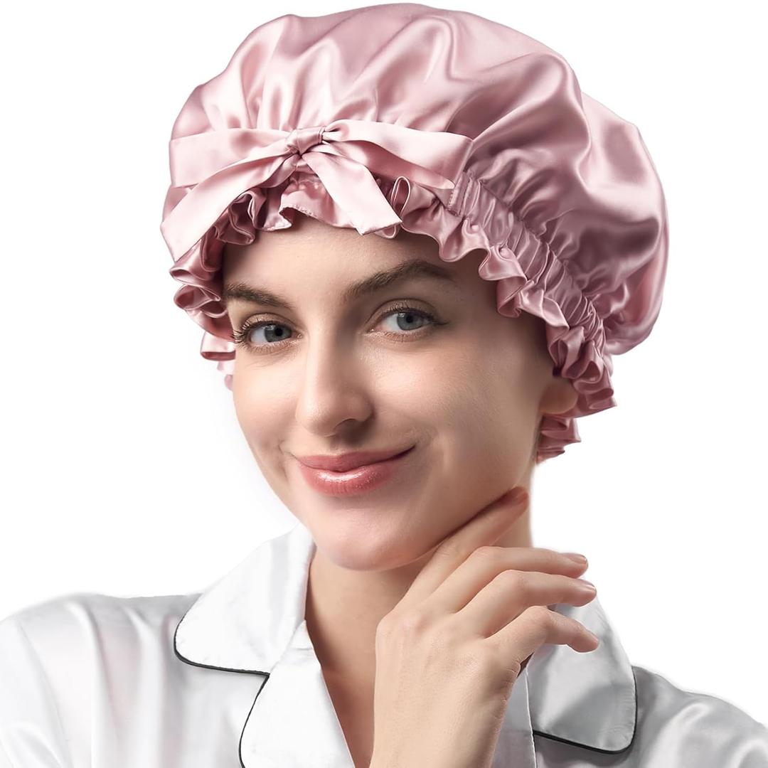 YFONG Double Layered 100% Mulberry Silk Bonnet for Sleeping Women, 22 Momme 6A Luxury Silk Sleep Cap with Elastic Band & Tie, Natural Night Wrap for Hair Care Short Long Curly Hair, Pink