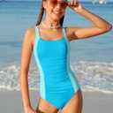 Girl Swimsuit One Piece Bathing Suit for Girls Solid Color Ruched Adjustable Straps Padded Swimwear (17-18 Years, Light Blue)
