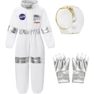 Kids Astronaut Costumes Pilot America Spacesuit for Boys Girls Space Jumpsuit Role Play Dress up Set 3-12 Years (7-10 Years, White)