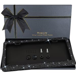 Bling License Plate Frame for Women, 1PCS Sparkly License Plate Frames| Over 1200 pcs 14 Facets Bedazzled Clear Glass Diamond Rhinestone Crystals w/Free Glitter Diamond Box (Black)
