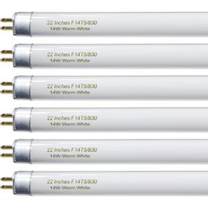 22 Inch T5 Fluorescent Light Bulb 14 Watt F14T5/WW Compatible with Sylvania Satco Philips GE Under Cabinet Lamp Light 3000K Warm White 800 Lumen G5 Base 6 Count