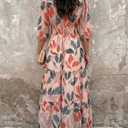 CHICME Womens Summer Boho Maxi Dress V Neck 3/4 Puff Sleeve Floral Flowy Wedding Guest Vacation Beach Long Dress (L)