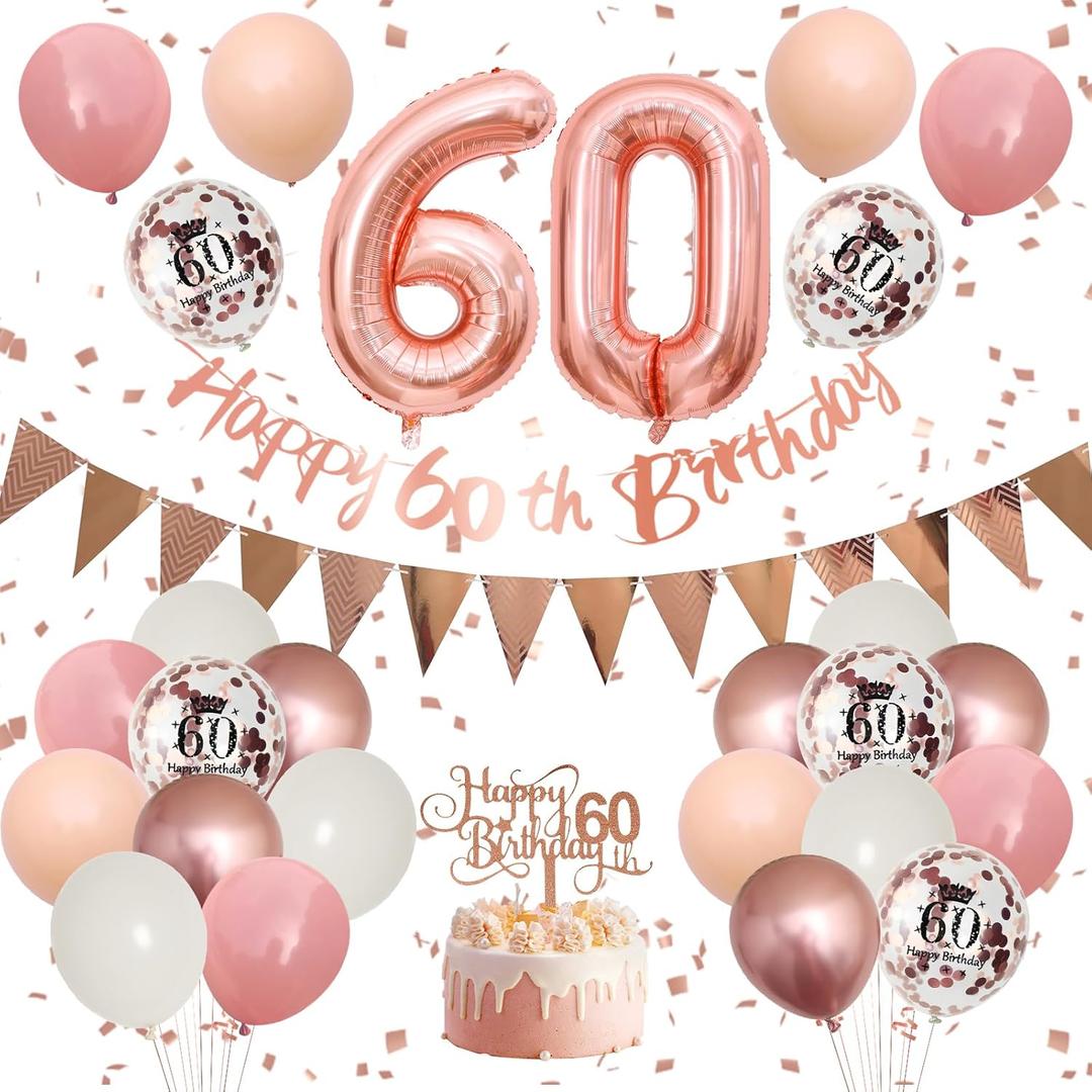 60th Birthday Decorations Retro Pink Rose Gold,60th Birthday Balloons,Happy 60th Birthday Banner with Cake Toppers Rose Gold Number 60 Balloons Confetti Balloons for Women Birthday Party Decorations
