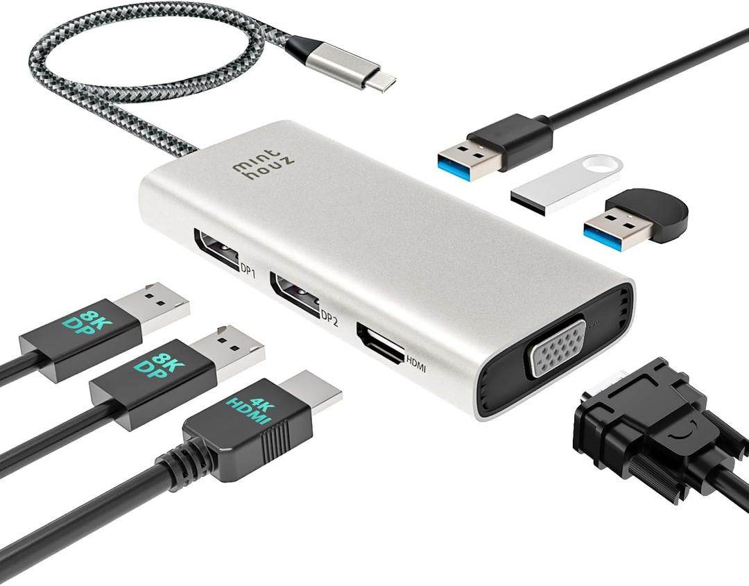 Minthouz 7-in-1 USB C Docking Station, Quad Display Hub Adapter with Dual 8K DP, 4K HDMI, VGA, 3 USB 2.0 Ports for MacBook Neo/Pro/Air, iPad Pro, iPhone 17 Pro/Pro Max, Dell HP Lenovo Windows Laptops