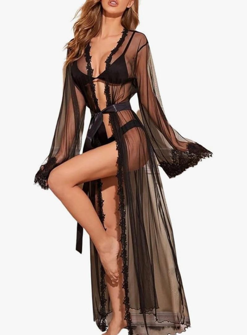 Women’s Sexy Flared Sleeves Lingerie Long Mesh Kimono Robe Lace Dressing Gown Bathrobe Cardigan Swimsuit Cover Up