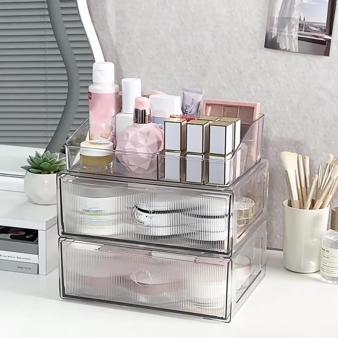 3-Tiers Makeup Organizer with Drawer, Stackable Skincare Storage Box for Vanity and Bathroom, Beauty Essentials, Cosmetic Brushes, Perfume Stand, Large Lipsticks Holder