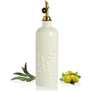 Sweejar 18 Oz Oil Dispenser for Kitchen with Gravity Spout, Ceramic Olive Oil Dispenser Bottle, Relief Opaque Vinegar Container for Evoo, Vinegar, Soy Sauce, Pack of 1(Beige, Gold Spout)