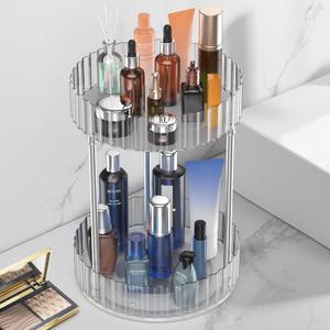 Makeup Organizer,360 Rotating Makeup Organizer, 2-Tier Round Rotating Skincare Organizer Countertop,Fits Bedroom, Bathroom, Vanity Shelf Countertop(Clear)